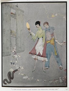 „Długa kaszanka leciała wijąc się w jej stronę.” Ilustracja do opowiadania „Śmieszne życzenia”. Harry, drwal i jego żona Fanny, właśnie przez pomyłkę złożyli życzenie. autorstwa Harry Clarke
