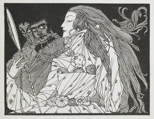 Ilustracja do opowiadania „Kopciuszek”. Kobieta patrząca na swoje odbicie w ręcznym lusterku autorstwa Harry Clarke