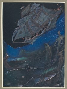 Ilustracja przedstawiająca statek na morzu i ryby pod nim. autorstwa Harry Clarke
