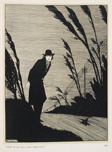 Czarny i biały. „Pośród wszystkiego była zimna, biała twarz”. Mężczyzna ubrany na czarno; rząd słupów telegraficznych. autorstwa Harry Clarke