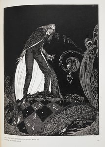 Ale przez wiele minut serce biło stłumionym dźwiękiem”. Ilustracja do opowiadania „Serce opowiadające”. Narrator dusi staruszka we własnym łóżku. autorstwa Harry Clarke