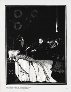 Z łóżka leżała prawie płynna masa obrzydliwej, obrzydliwej zgnilizny. Ilustracja do opowiadania, „Fakty w sprawie M. Valdemara”. autorstwa Harry Clarke