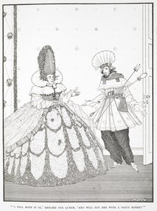 „Tak zrobię” – odpowiedziała królowa – „i zjem ją z sosem Robert”. Ilustracja do opowiadania „Śpiąca królewna w lesie”. autorstwa Harry Clarke