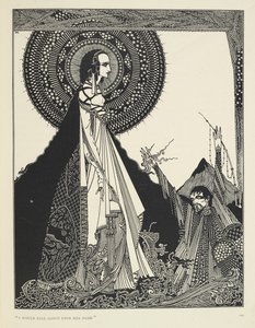 „Wzywałbym głośno jej imię.” Ilustracja przedstawiająca Ligeię, opowiadanie. „Ligeia” to opowiadanie Edgara Allana Poe. Fabuła opowiada o anonimowym narratorze i jego żonie Ligei, pięknej i inteligentnej kobiecie o kruczowłosych włosach. Zachoruje, komponu autorstwa Harry Clarke