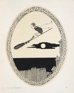 „Gdybym miał miotłę”. Ilustracja do wiersza Patricka R. Chalmersa. Chłopiec na miotle autorstwa Harry Clarke