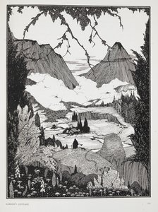 Ilustracja do opowiadania „Chata Landora”. Krajobraz górski. autorstwa Harry Clarke