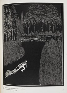 Podczas jego żmudnej podróży do wody jego lęki podwajają się wraz z nim”. Ilustracja do opowiadania „Tajemnica Marii Roget”. autorstwa Harry Clarke