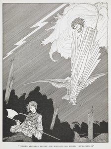 „Jowisz pojawił się przed nim, dzierżąc swoje potężne pioruny”. Ilustracja do „śmiesznych życzeń”. autorstwa Harry Clarke