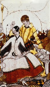 Mijamy siedem psich dni, nazywając Queens w Glenmacnass. „Królowe”, dziewięć szklanych paneli kwasowanych, bejcowanych i malowanych, Ilustruje wiersz J.M. Synge