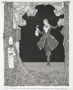 „Zostawiła jeden ze swoich szklanych pantofelków, który Książę wziął najstaranniej”. Ilustracja do opowiadania „Kopciuszek” czyli „Szklany pantofelek”. autorstwa Harry Clarke