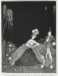 „Książę wierzył, że dał jej więcej dowcipu, niż zarezerwował dla siebie”. Ilustracja do opowiadania „Riquet z kępką”. autorstwa Harry Clarke