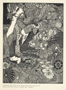 „Ziemia pociemniała, a jej postacie mijały mnie jak przelatujące cienie... Morella.” Ilustracja do opowiadania „Morella”. autorstwa Harry Clarke