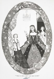 „Co to widzę?” powiedziała jej matka.” Ilustracja do opowiadania „Wróżka”. autorstwa Harry Clarke