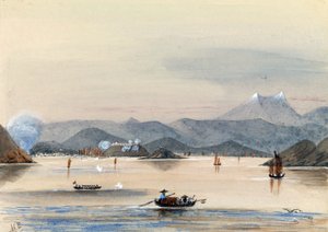 "HMS Tribune znajdujący drogę na rzece Chuenpee w Kantonie (Chiny), z łodziami wiosłowymi i chińskimi dżonkami". autorstwa Harry Edmond Edgell
