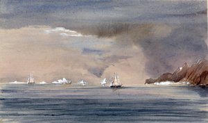 Góry lodowe u Przylądka Horn (Chile) z sylwetką HMS Tribune. Obraz wiceadmirała Harry