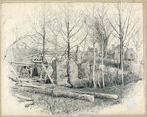 Rysunek, obecny aspekt młyna Gainesa, patrząc na wschód, 1885 r. autorstwa Harry Fenn