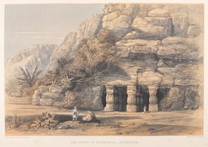 Jaskinie Elephanta, Zewnętrzne (kolorowa litografia) autorstwa Harry Francis Darell
