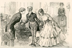 David spotyka Dorę i pannę Murdstone. „Pan Copperfield, moja córka Dora i poufna przyjaciółka mojej córki Dory, panna Murdstone!”. Ilustracja Harry