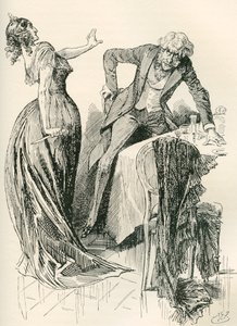 Edith i pana Carkera. „Zbliżał się do niej wesoło, kiedy w jednej chwili chwyciła nóż ze stołu i cofnęła się o krok. „Stój spokojnie”, powiedziała, „albo cię zamorduję!” Ilustracja autorstwa Harry