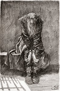 Fagin w skazanej celi. „Usiadł na kamiennej ławce naprzeciwko drzwi, która służyła za siedzisko i łóżko, i wbijając przekrwione oczy w ziemię, próbował zebrać myśli.” Ilustracja autorstwa Harry