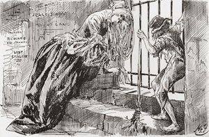 Lady Dedlock i Jo. „Został tam umieszczony”, mówi Jo, trzymając się krat i zaglądając do środka, podczas gdy Lady Dedlock kurczy się w kącie. Ilustracja Harry