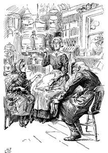 Pan Riah i panna Wren w Six Jolly Fellowship Porters, 1912 r autorstwa Harry Furniss