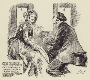 Mrs Manning the Murderess fascynuje nieznajomego w pociągu podczas ucieczki z aresztu autorstwa Harry Furniss