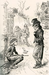 Oliver zakochuje się w Artful Dodger. "Cześć, moja gromadko, co to za rząd?" — powiedział ten dziwny młody dżentelmen do Olivera. „Jestem bardzo głodny i zmęczony”, odpowiedział Oliver; łzy stanęły mu w oczach, gdy mówił. "Przeszedłem długą drogę. Byłem na autorstwa Harry Furniss