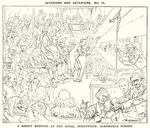 Punch cartoon: A Merry Meeting w Royal Institution, Albemarle Street, Londyn (rycina) autorstwa Harry Furniss