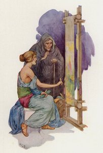Arachne, która ma zostać zamieniona w pająka przez przebraną Minerwę (kolorowa litografia) autorstwa Harry George Theaker