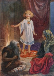 Aslaug, Aki i Grima z filmu "Ragnar Lodbrog" (kolorowa litografia) autorstwa Harry George Theaker