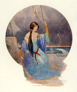 "W końcu, gdy żywa błyskawica otuliła cały statek niebieskimi płomieniami, pieśń nagle ucichła" (kolorowa litografia). autorstwa Harry George Theaker