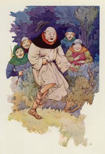 Przy pierwszym dotknięciu grotu strzały przez jego szatę, Opat wyskoczył w powietrze z piskiem (kolorowa litografia). autorstwa Harry George Theaker