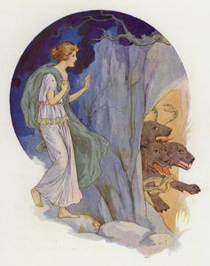 Cerber, straszny pies z trzema głowami (kolorowa litografia) autorstwa Harry George Theaker
