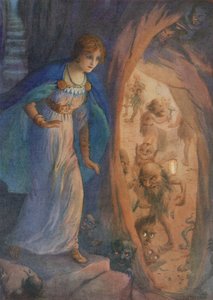 Freyja w jaskini krasnoludów, z "Naszyjnika Freyji" (kolorowa litografia) autorstwa Harry George Theaker
