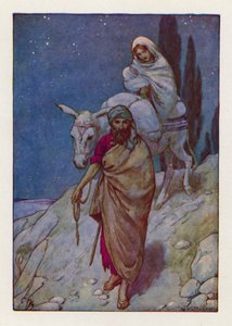 Józef wstał, wziął w nocy Dziecię i Jego Matkę i odszedł do Egiptu (kolorowa litografia). autorstwa Harry George Theaker