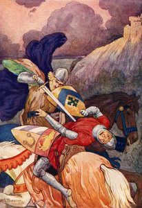 Król Artur dźgający wroga w pierś (kolorowa litografia) autorstwa Harry George Theaker