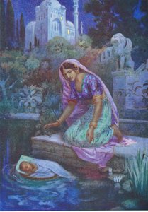 Kunti nie odważyła się być nieposłuszna. From the Adventurous Brethren, ilustracja z "Childrens Stories from Indian Legends", ok. 1930 r. (kolorowa litografia) autorstwa Harry George Theaker