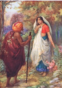 "Niech odpocznę chwilę w tym przyjemnym miejscu. Z Przygód Ramy i Sity, ilustracja z "Childrens Stories from Indian Legends", ok. 1930 r. (kolorowa litografia) autorstwa Harry George Theaker