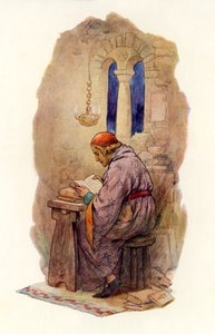 Czytanie Merlina (kolorowa litografia) autorstwa Harry George Theaker