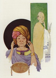 Midas nie był w stanie utrzymać tajemnicy przed swoim fryzjerem (kolorowa litografia) autorstwa Harry George Theaker
