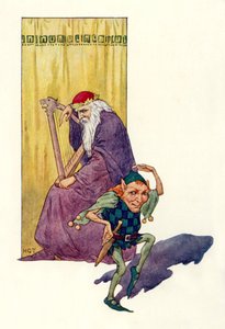 Minstrele i karły zabawiają króla (kolorowa litografia) autorstwa Harry George Theaker