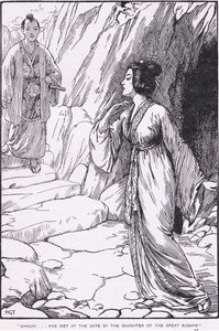 Okhuni został spotkany przy bramie przez córkę wielkiego Susano (z Susano i Ohkuni) (litho) autorstwa Harry George Theaker
