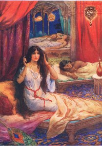 Pabhavati obudził się z przytupem. Z Księcia o twardym sercu, ilustracja z "Childrens Stories from Indian Legends", ok. 1930 r. (kolorowa litografia) autorstwa Harry George Theaker