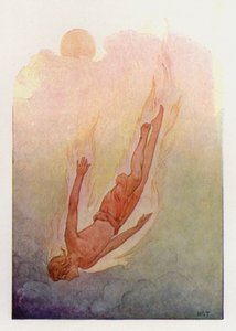 Faeton z włosami w płomieniach, wpadający do głębokiej, chłodnej rzeki (kolorowa litografia) autorstwa Harry George Theaker