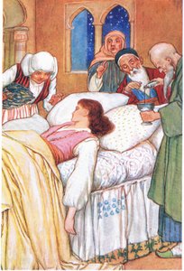 Księżniczka Aldebonda i jej lekarze (z opowieści "Pielgrzymi miłości"), ilustracja z "Opowieści z Alhambry", ok. 1940 r. (litografia kolorowa) autorstwa Harry George Theaker