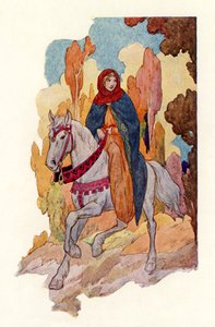 Księżniczka Ginewra jadąca konno (kolorowa litografia) autorstwa Harry George Theaker