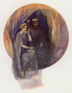 Prozerpina siedzi ubrana w długie czarne szaty, na wielkim czarnym tronie, a obok niej zaciekły czarny król (kolorowa litografia) autorstwa Harry George Theaker