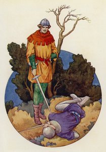 Robin uderzył w dom i jednym potężnym ciosem zabił Guya z Gisborne (kolorowa litografia) autorstwa Harry George Theaker