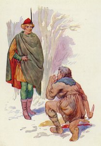 Sebald stanął przed nim z uniesionym nożem i przerażeniem na chudej twarzy (kolorowa litografia). autorstwa Harry George Theaker